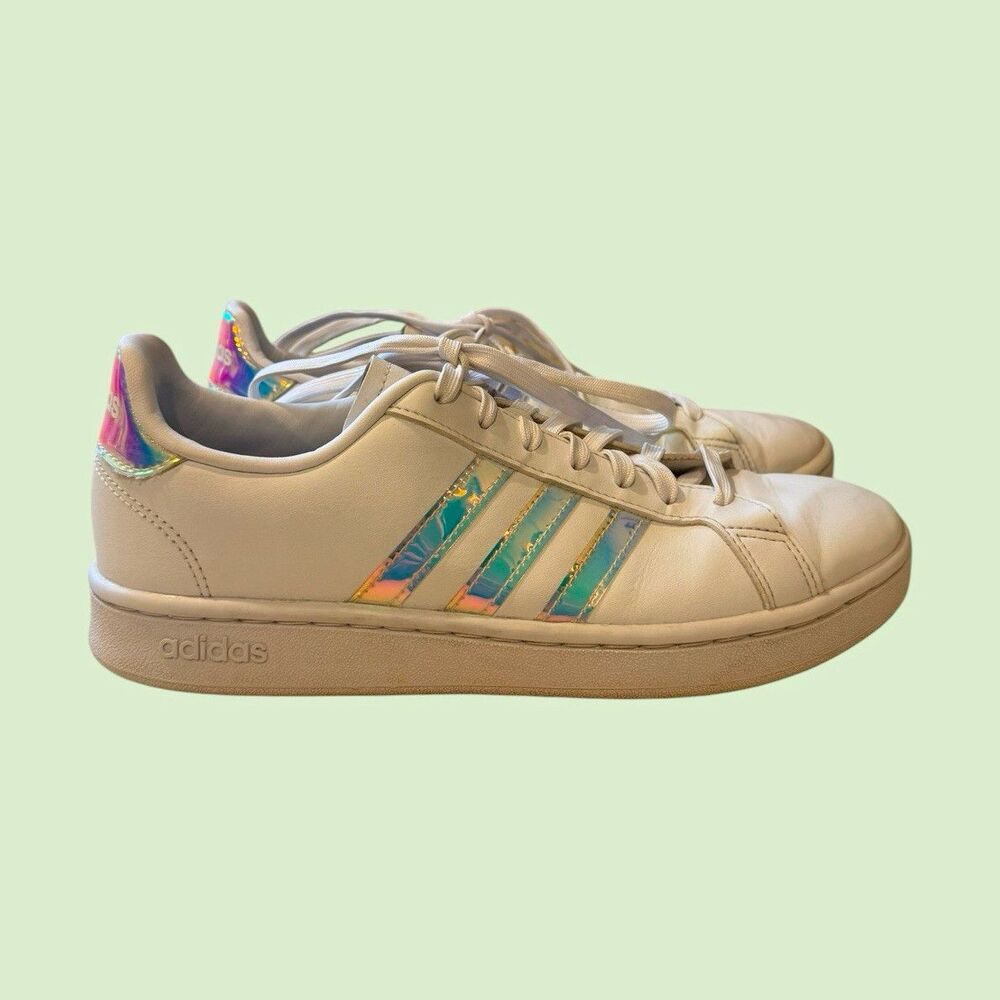 adidas White Low Top Lace-Up Sneakers Iridescent 3-Stripes Rubber Sole